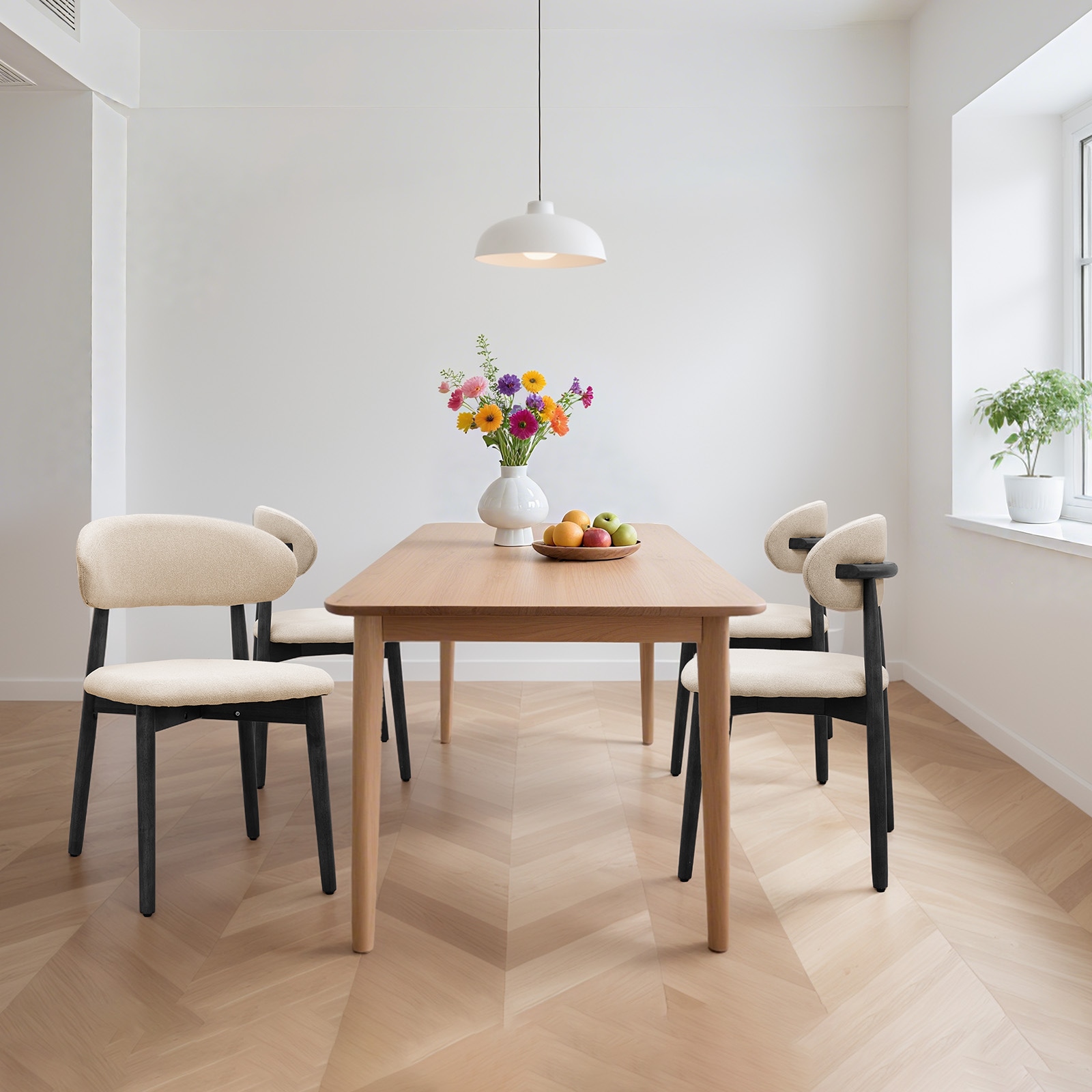 Beige Cotton-Linen Fabric Upholstered Dining Chair With Black Solid Wood Legs, Armless Chair Set Of 4 For Kitchen, Restaurant, Living, Meeting Room_maomaolike.com